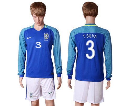 Brazil #3 T.Silva Away Long Sleeves Soccer Country Jersey - Click Image to Close